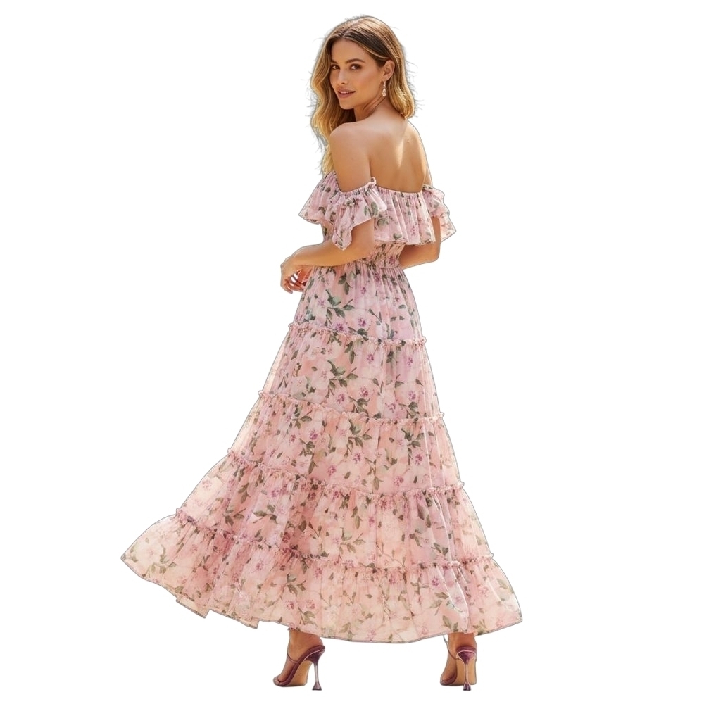 Lulus Chance For Us Maxi Dress Sz L Pink Floral Chiffon Off Shoulder Ruffles New - Picture 2 of 13